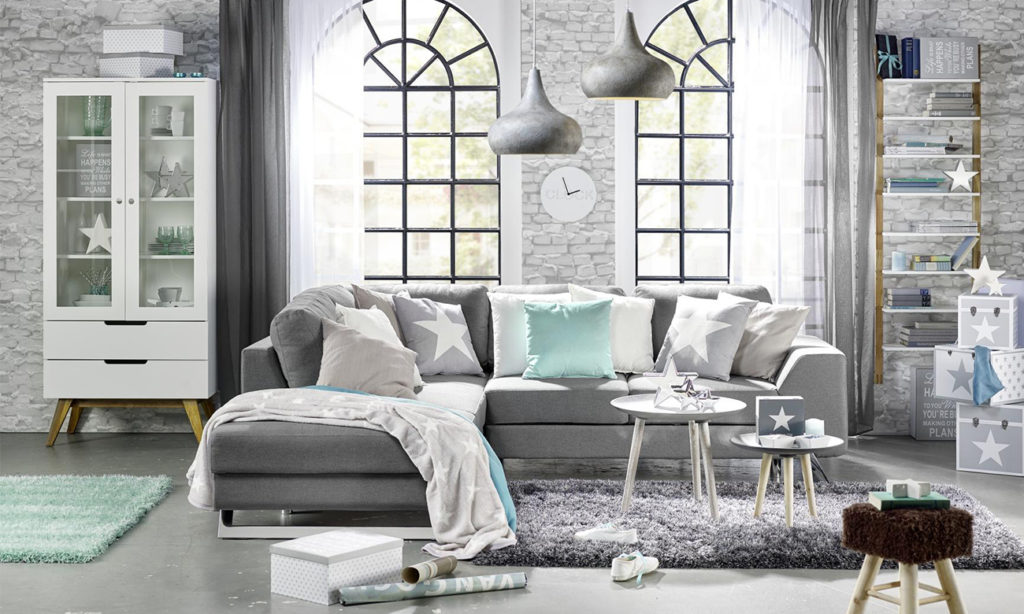 Sofa im Wohnzimmer in Grau - Weiß